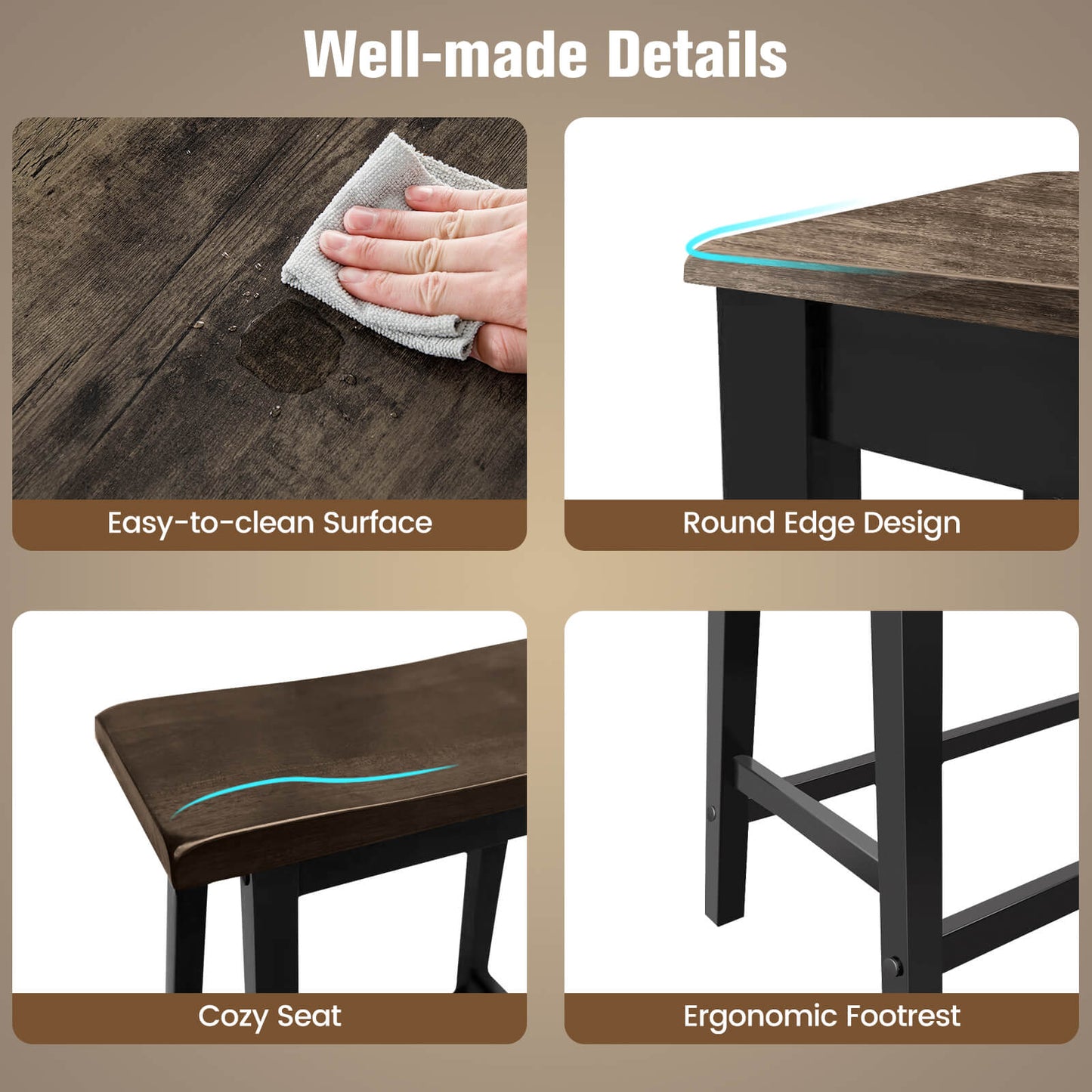 4 Piece Solid Wood Counter Height Dining Set in Coffee with Bench and Stools
