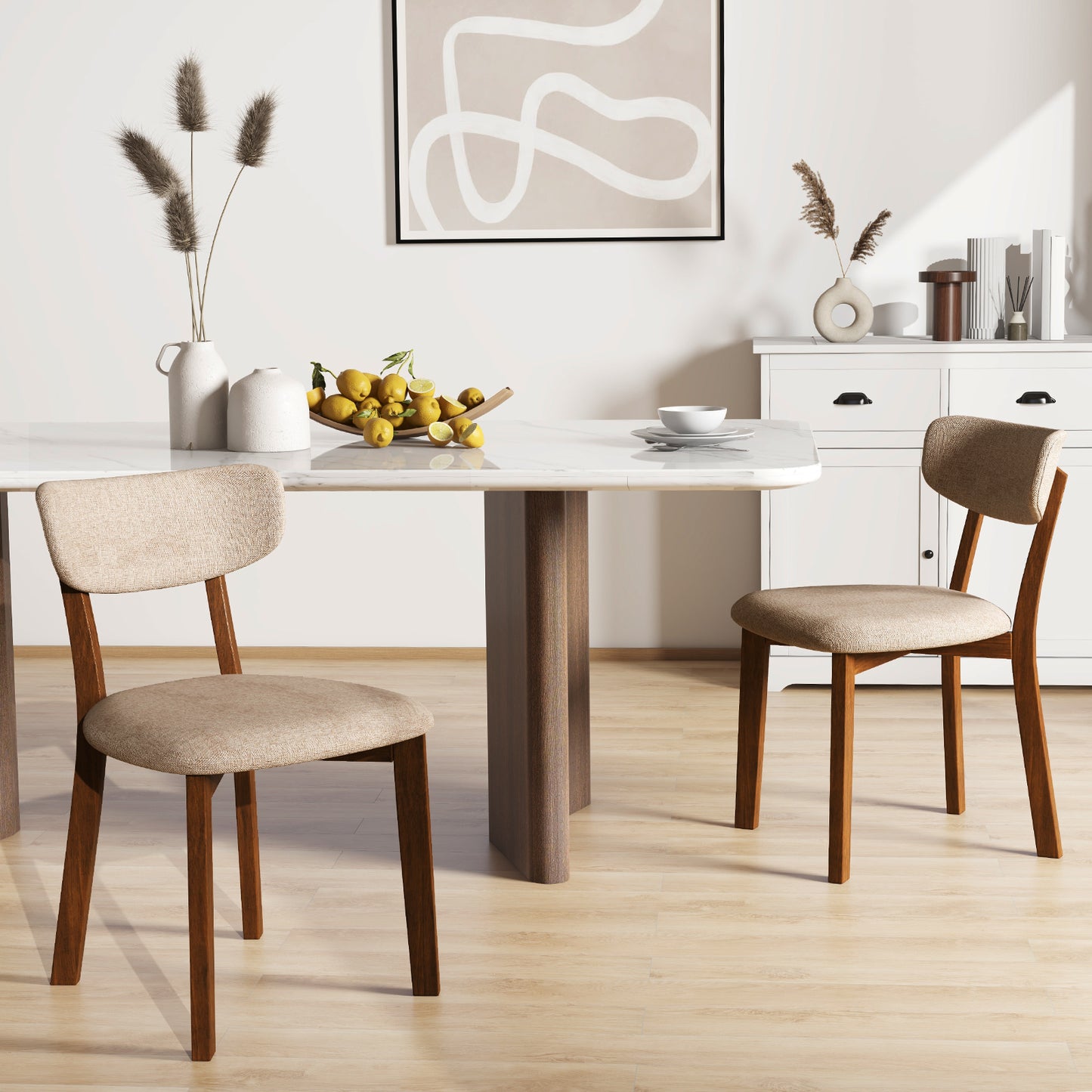 Upholstered Dining Chairs with Mid-Back Design and Solid Rubber Wood Frame – Beige, Set of 2