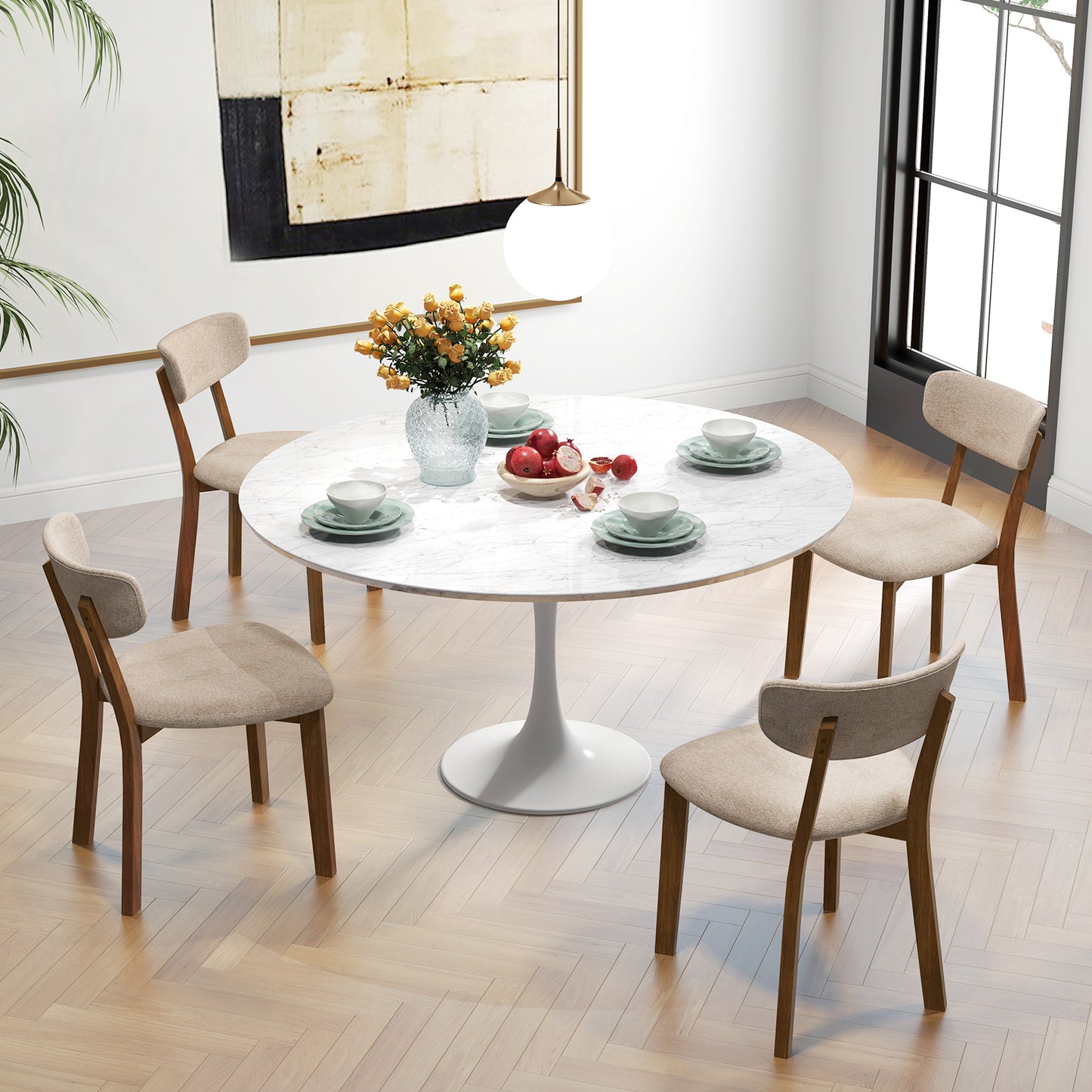 Upholstered Dining Chairs with Mid-Back Design and Solid Rubber Wood Frame – Beige, Set of 2