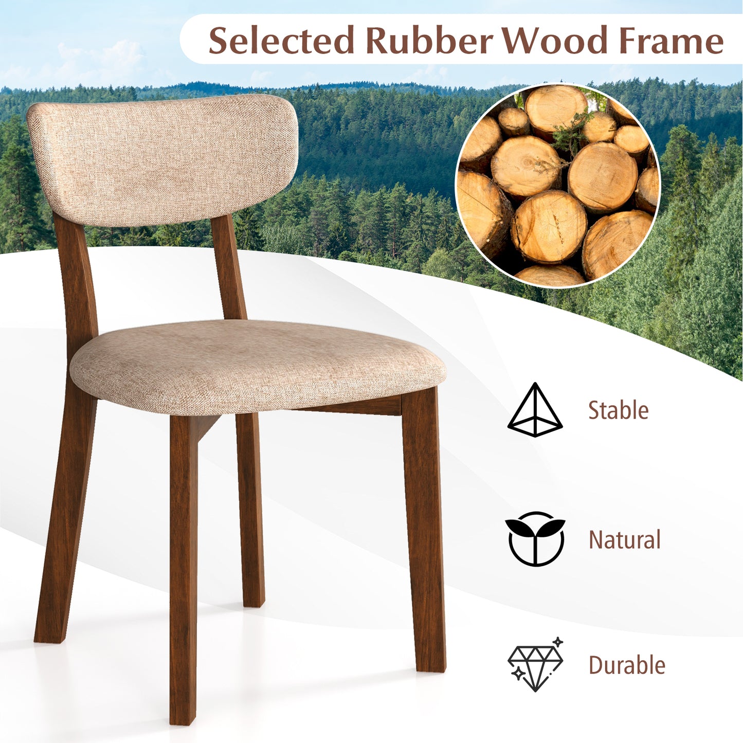 Upholstered Dining Chairs with Mid-Back Design and Solid Rubber Wood Frame – Beige, Set of 2