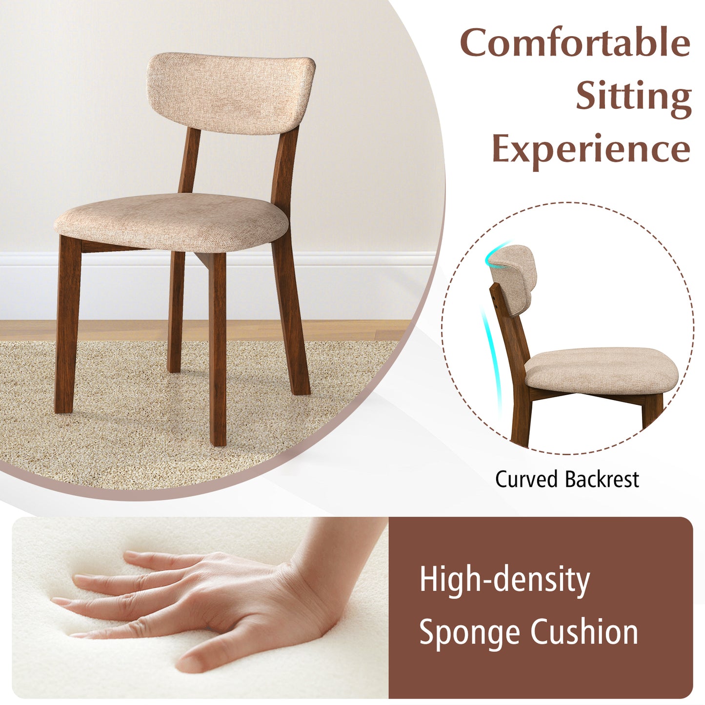 Upholstered Dining Chairs with Mid-Back Design and Solid Rubber Wood Frame – Beige, Set of 2