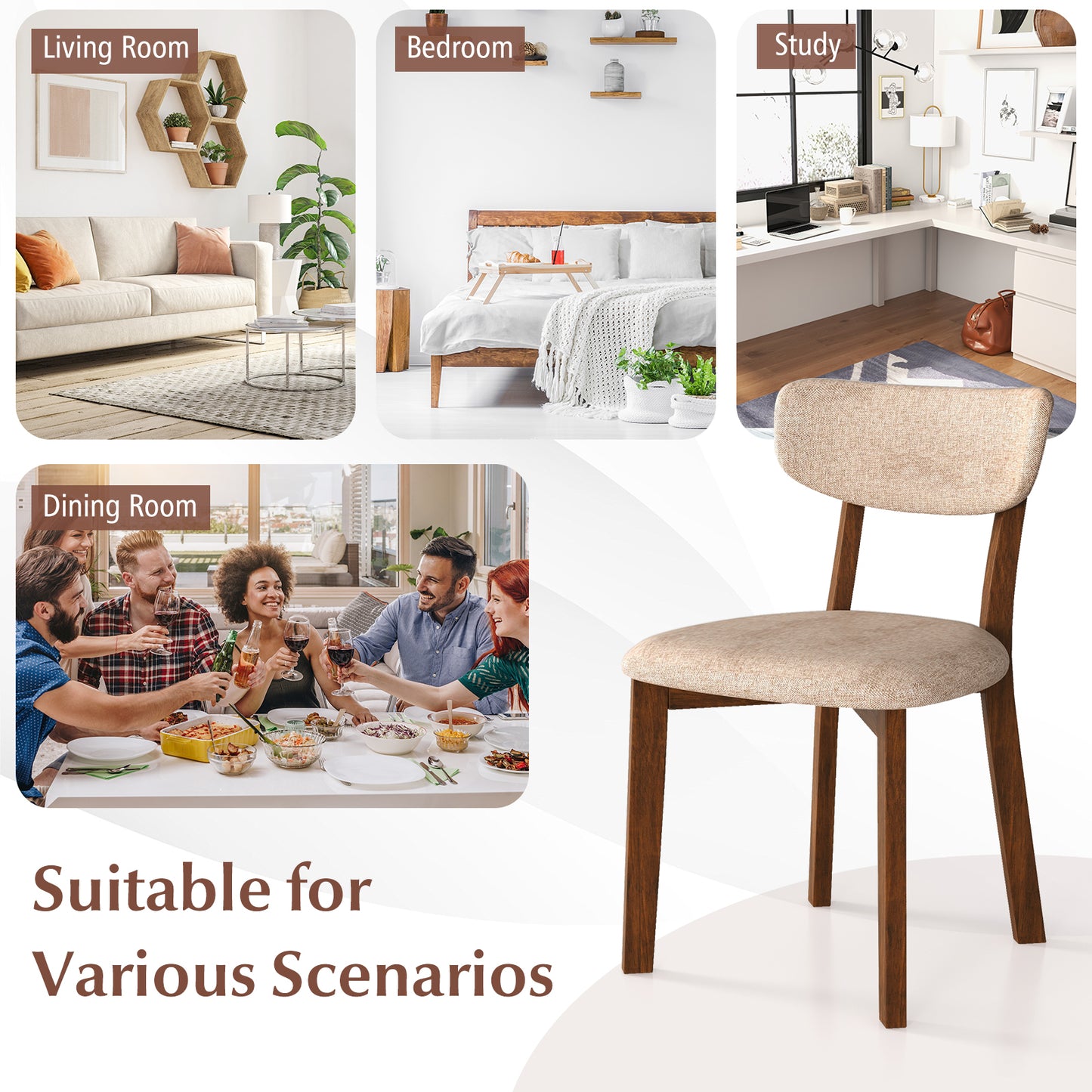 Upholstered Dining Chairs with Mid-Back Design and Solid Rubber Wood Frame – Beige, Set of 2