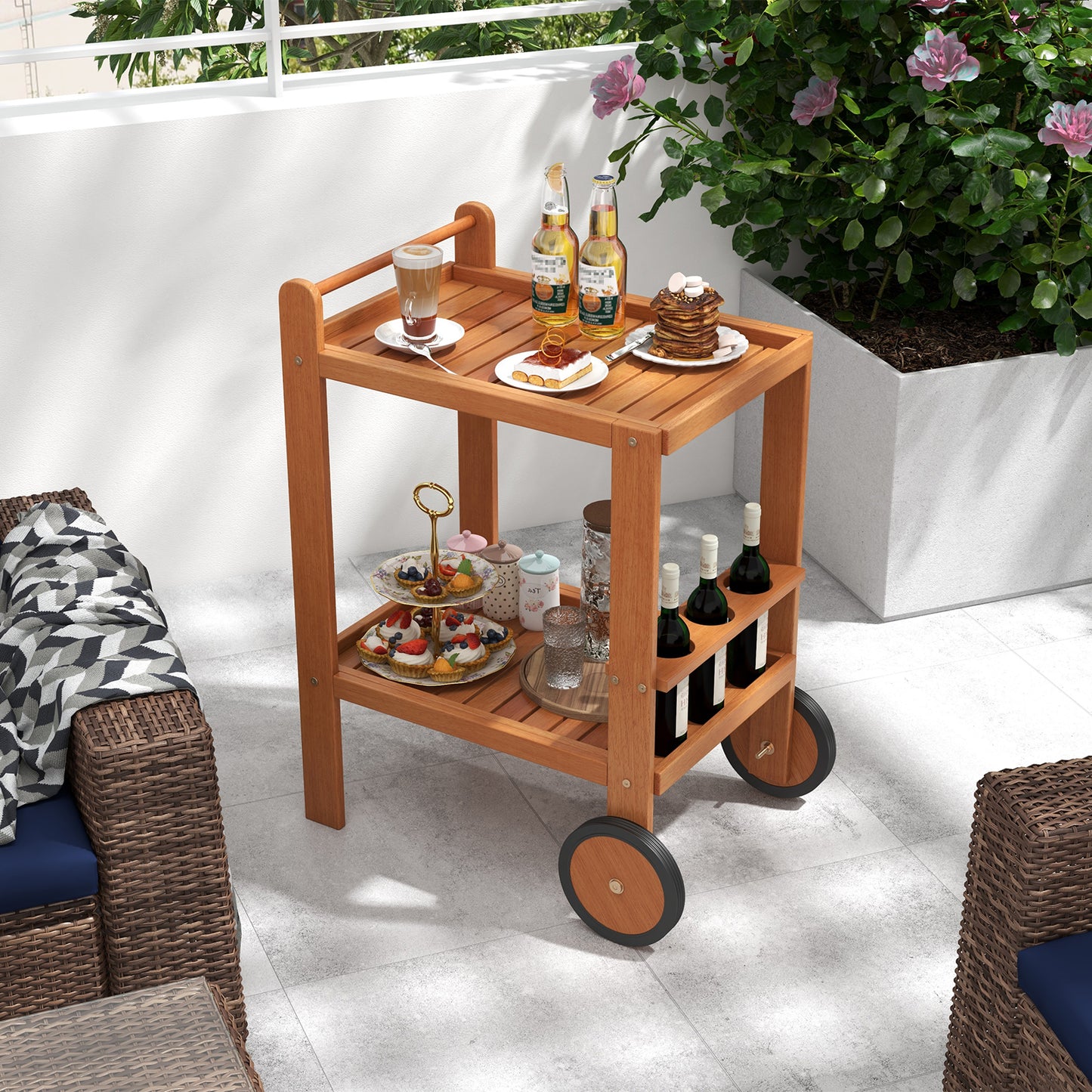 Wood Bar Cart with Wine Storage and Rubber Wheels for Indoor and Outdoor Use