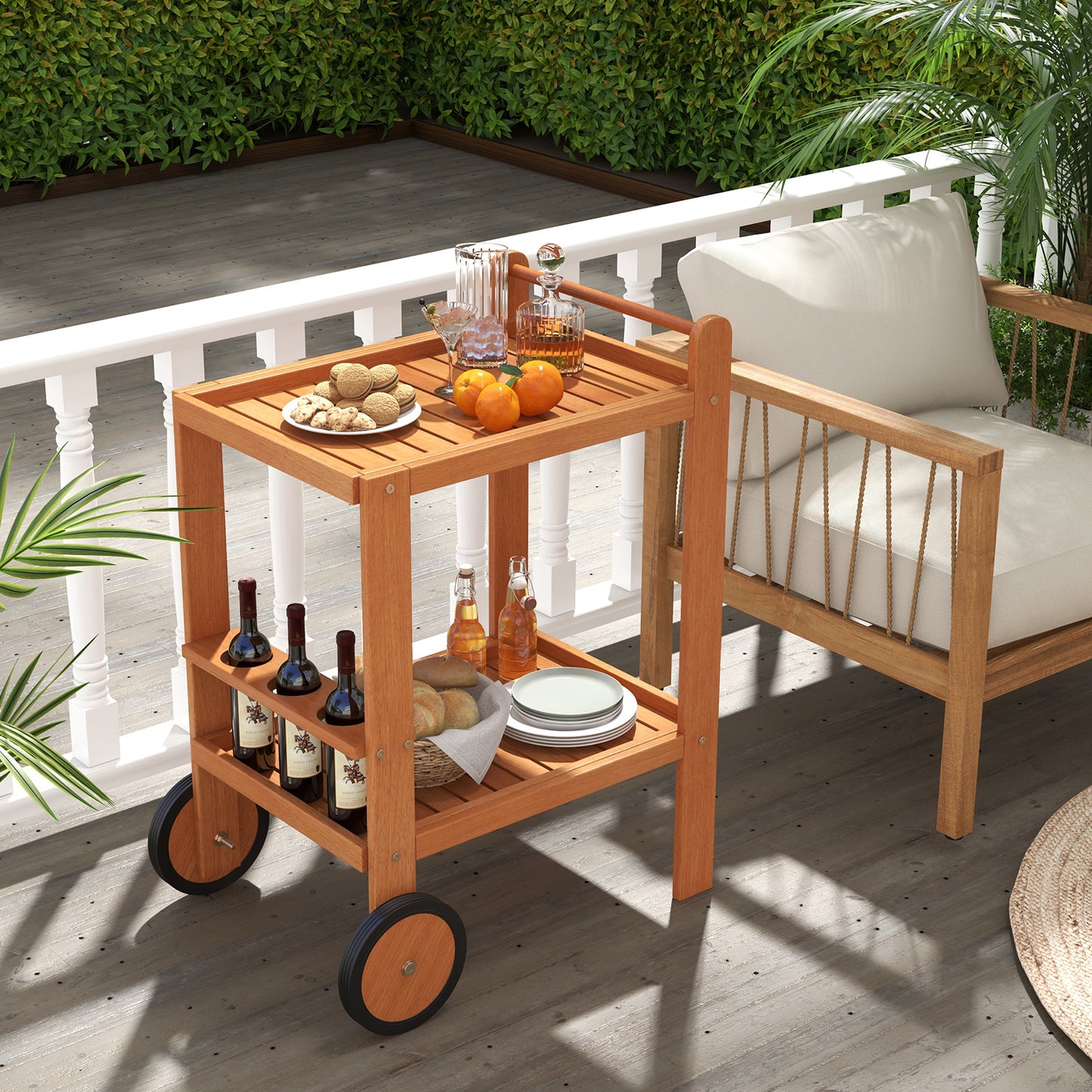 Wooden serving cart with drinks and snacks on a patio
