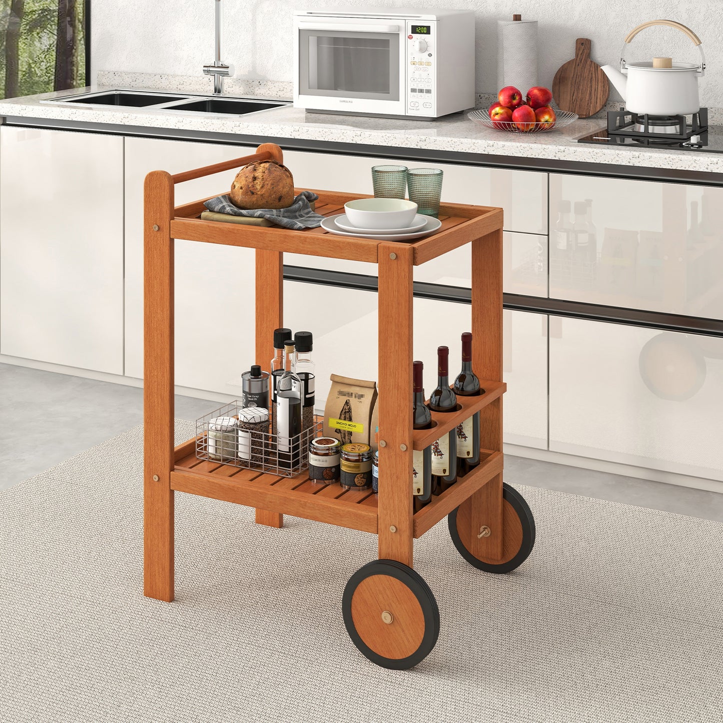 Wood Bar Cart with Wine Storage and Rubber Wheels for Indoor and Outdoor Use