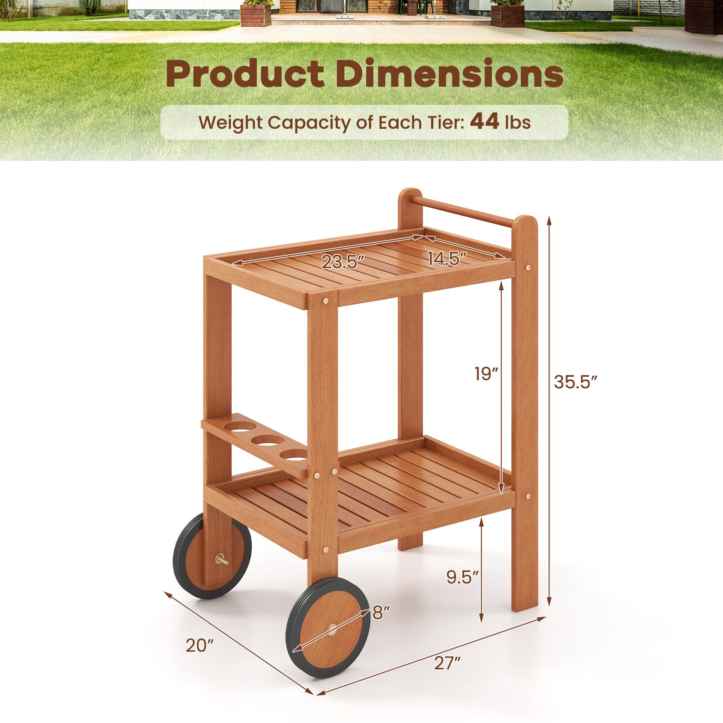 Wood Bar Cart with Wine Storage and Rubber Wheels for Indoor and Outdoor Use