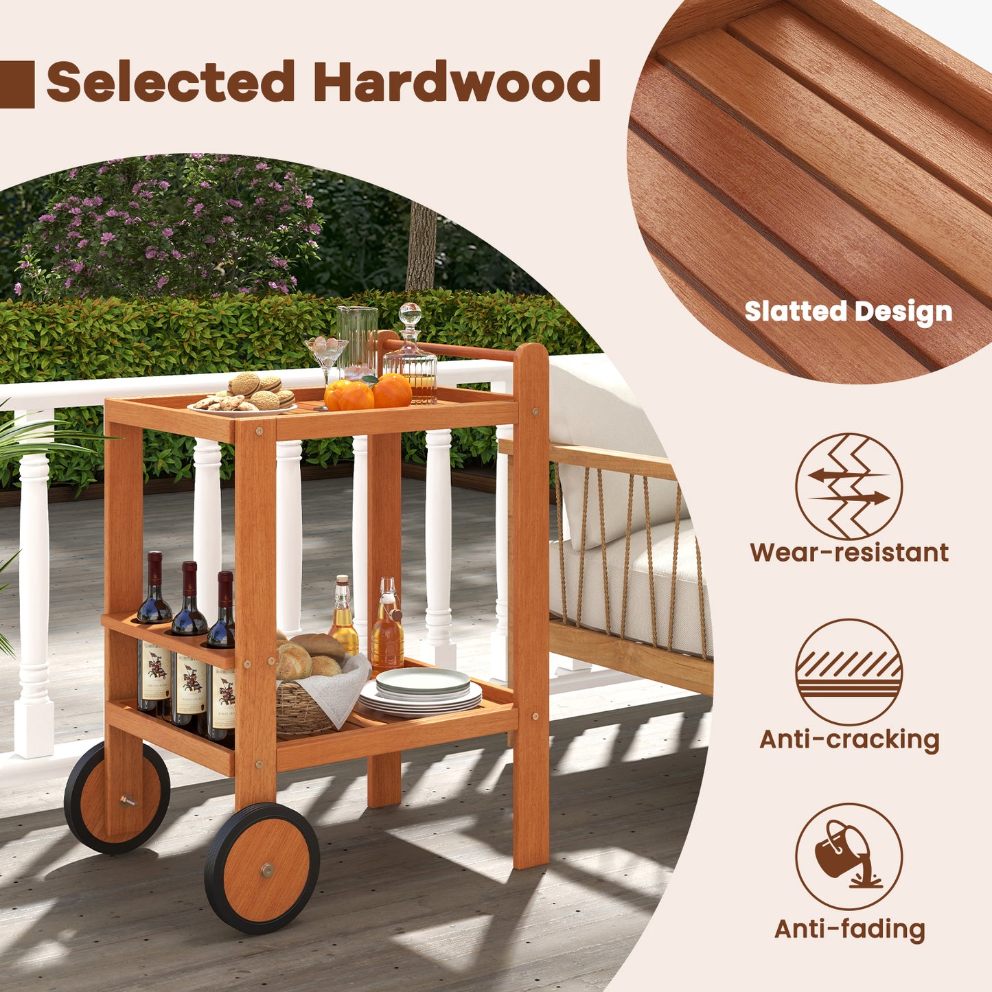 Wood Bar Cart with Wine Storage and Rubber Wheels for Indoor and Outdoor Use
