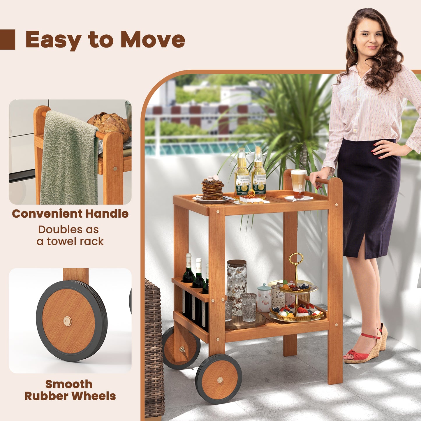 Wood Bar Cart with Wine Storage and Rubber Wheels for Indoor and Outdoor Use