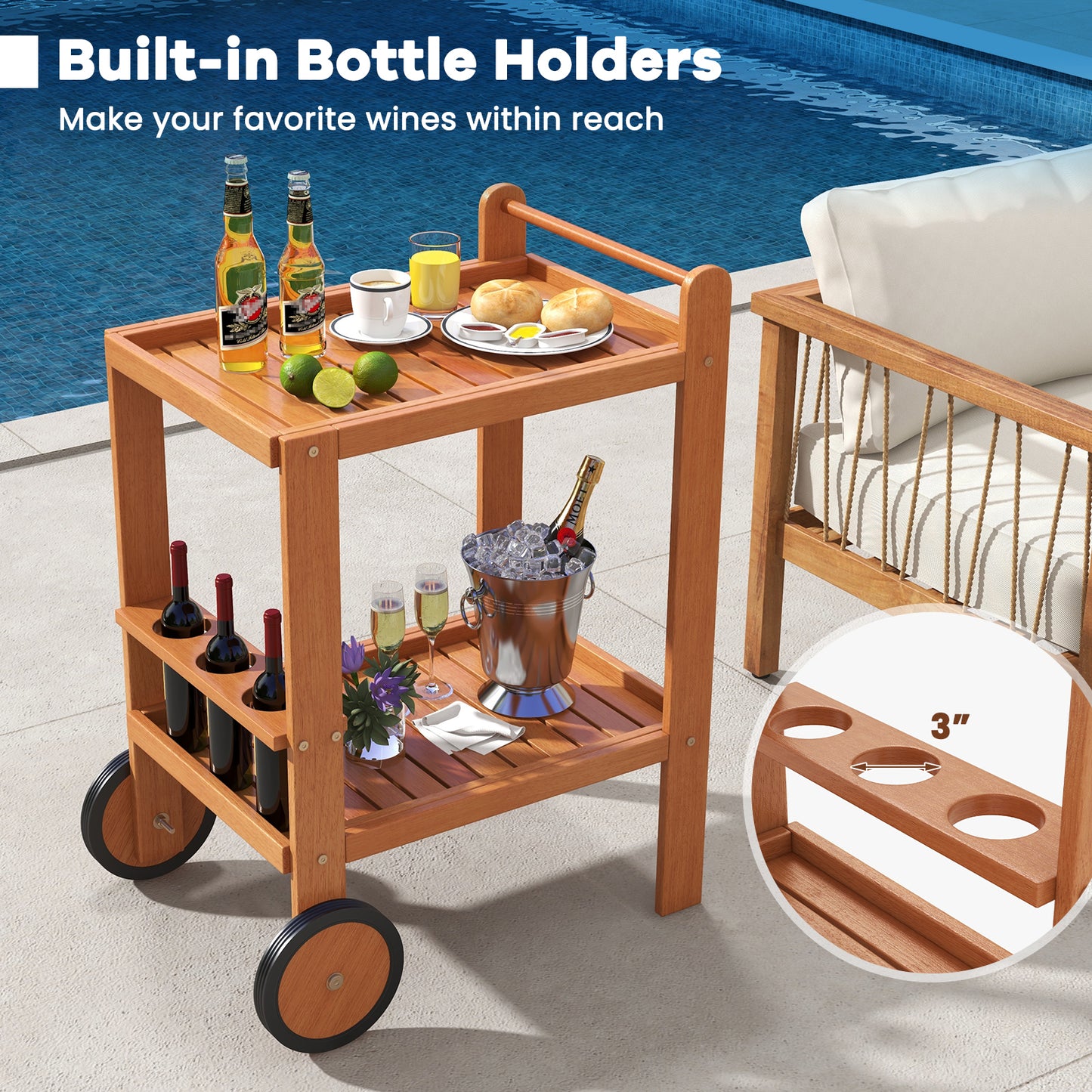 Wood Bar Cart with Wine Storage and Rubber Wheels for Indoor and Outdoor Use