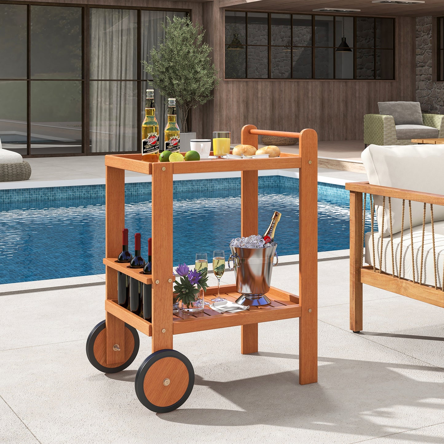Wood Bar Cart with Wine Storage and Rubber Wheels for Indoor and Outdoor Use