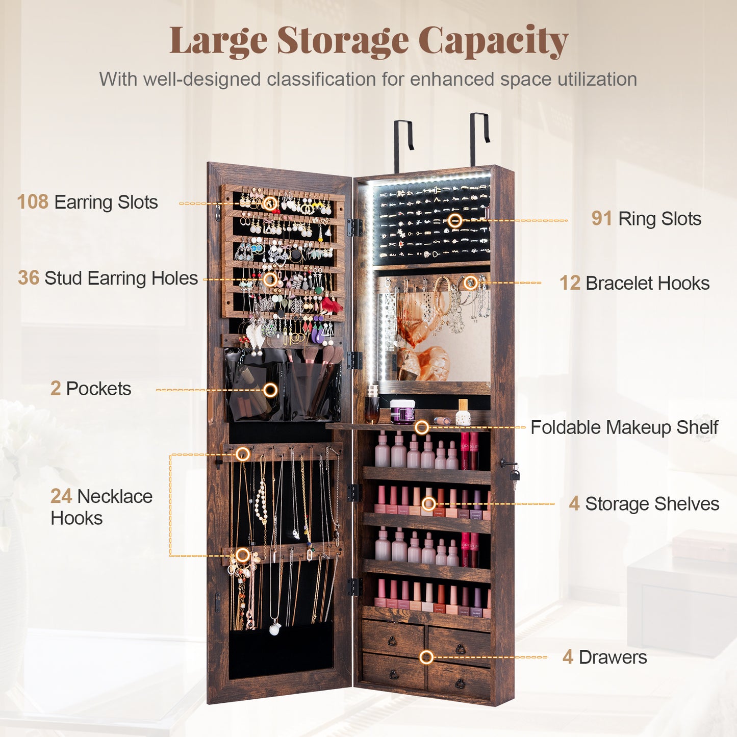 4 Drawer Multipurpose Storage Cabinet with Adjustable Shelves – Rustic Brown