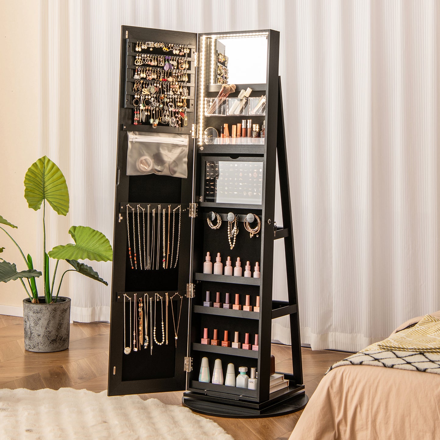 360° Rotating Jewelry Armoire with LED Mirror and Lockable Storage – Black