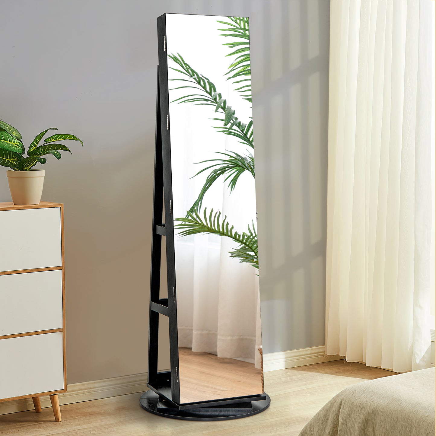 360° Rotating Jewelry Armoire with LED Mirror and Lockable Storage – Black