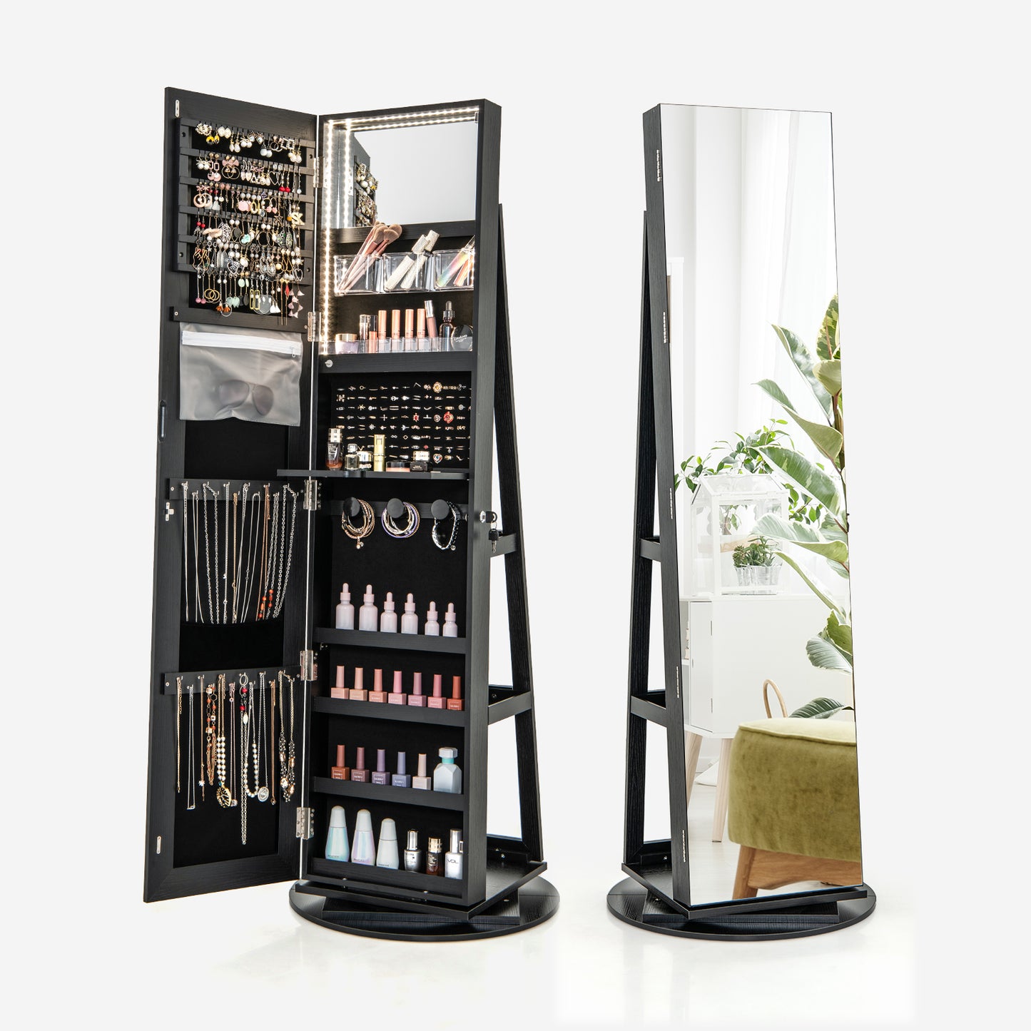 360° Rotating Jewelry Armoire with LED Mirror and Lockable Storage – Black