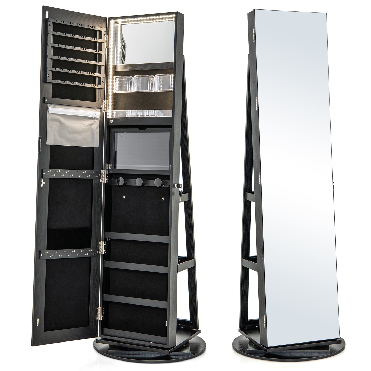 360° Rotating Jewelry Armoire with LED Mirror and Lockable Storage – Black
