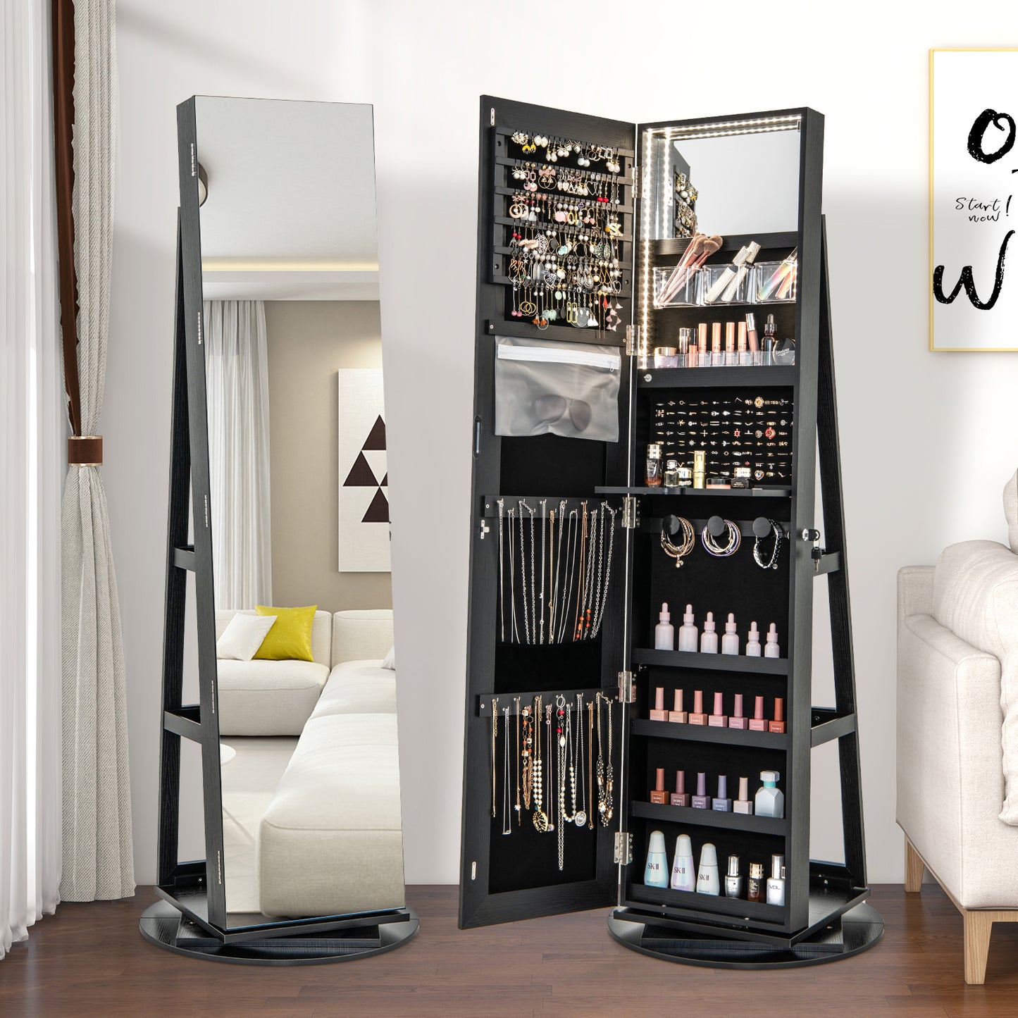 360° Rotating Jewelry Armoire with LED Mirror and Lockable Storage – Black