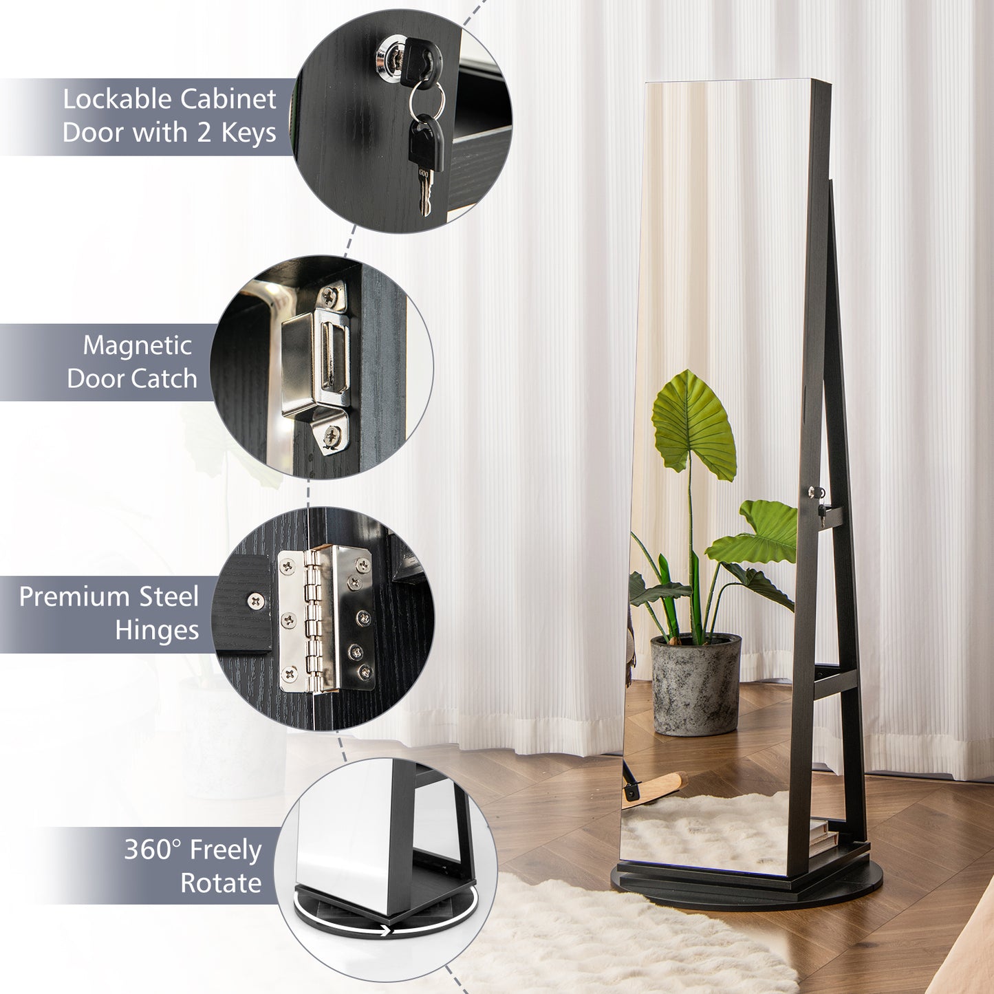 360° Rotating Jewelry Armoire with LED Mirror and Lockable Storage – Black