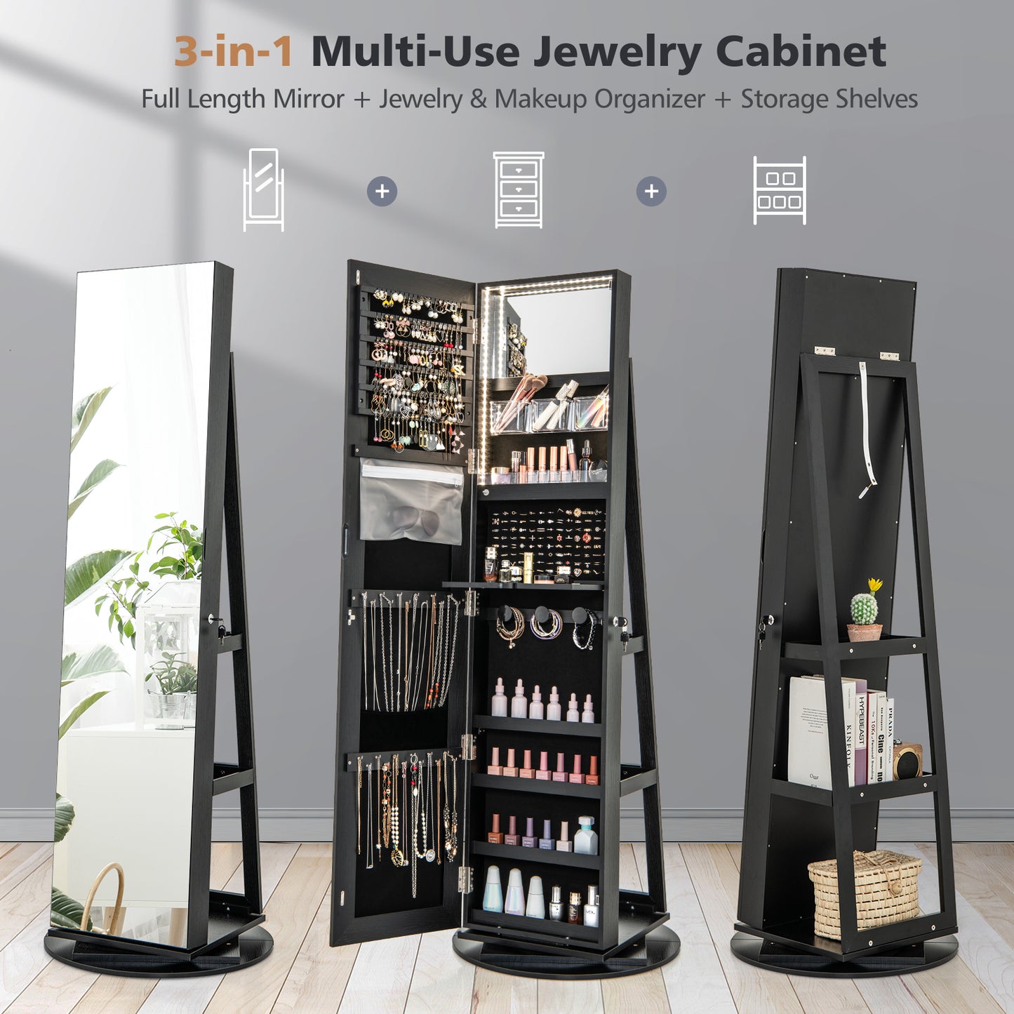 360° Rotating Jewelry Armoire with LED Mirror and Lockable Storage – Black