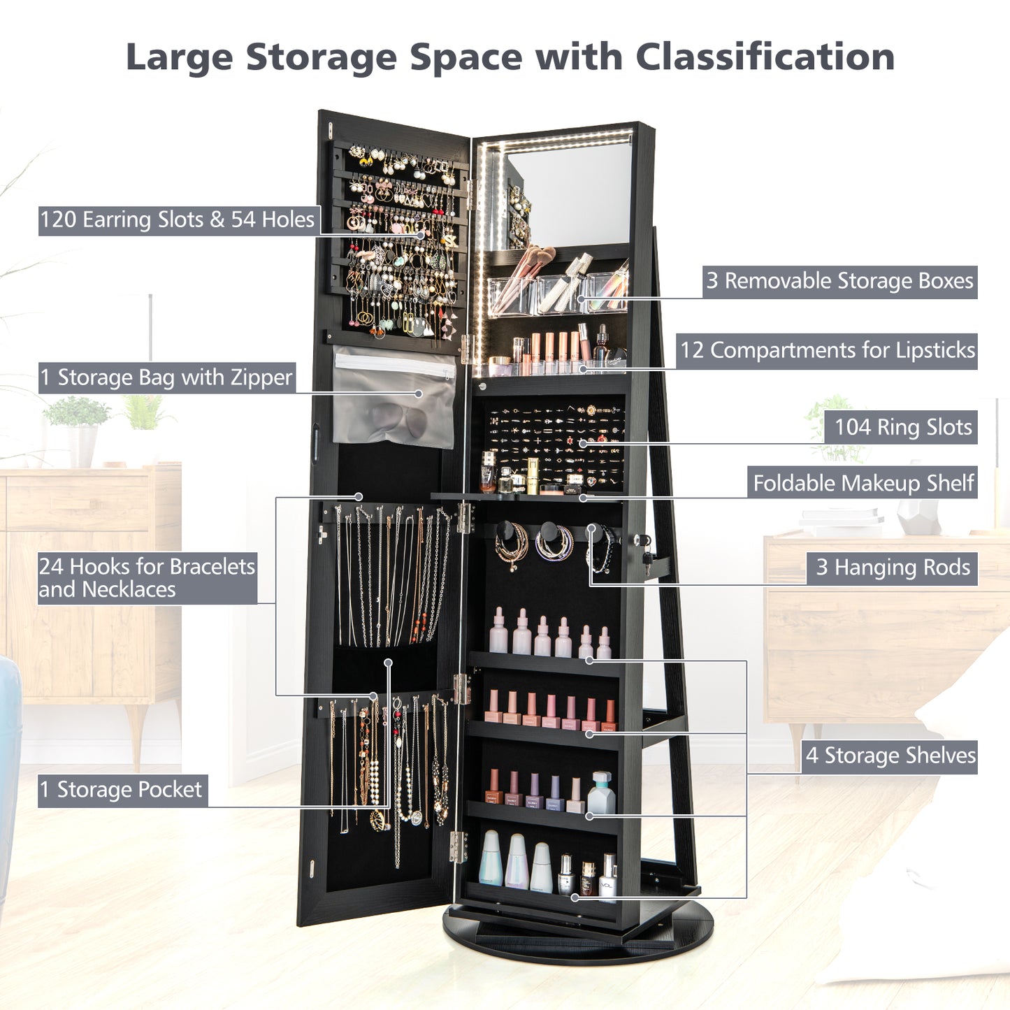 360° Rotating Jewelry Armoire with LED Mirror and Lockable Storage – Black