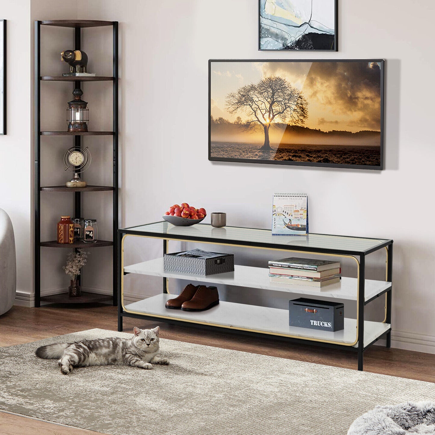 Elegant 3 Tier TV Console with Tempered Glass Top for TVs up to 50 Inches