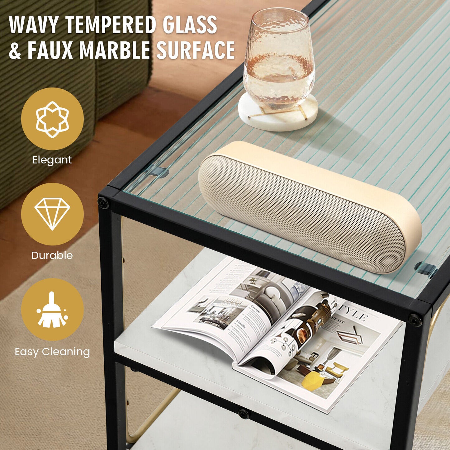 Elegant 3 Tier TV Console with Tempered Glass Top for TVs up to 50 Inches