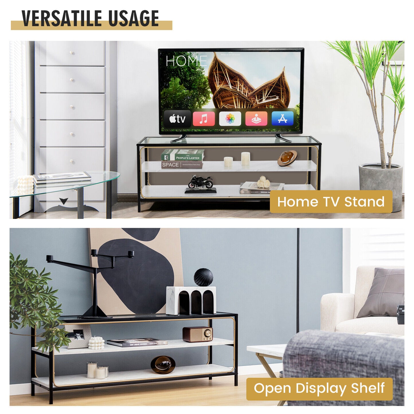 Elegant 3 Tier TV Console with Tempered Glass Top for TVs up to 50 Inches