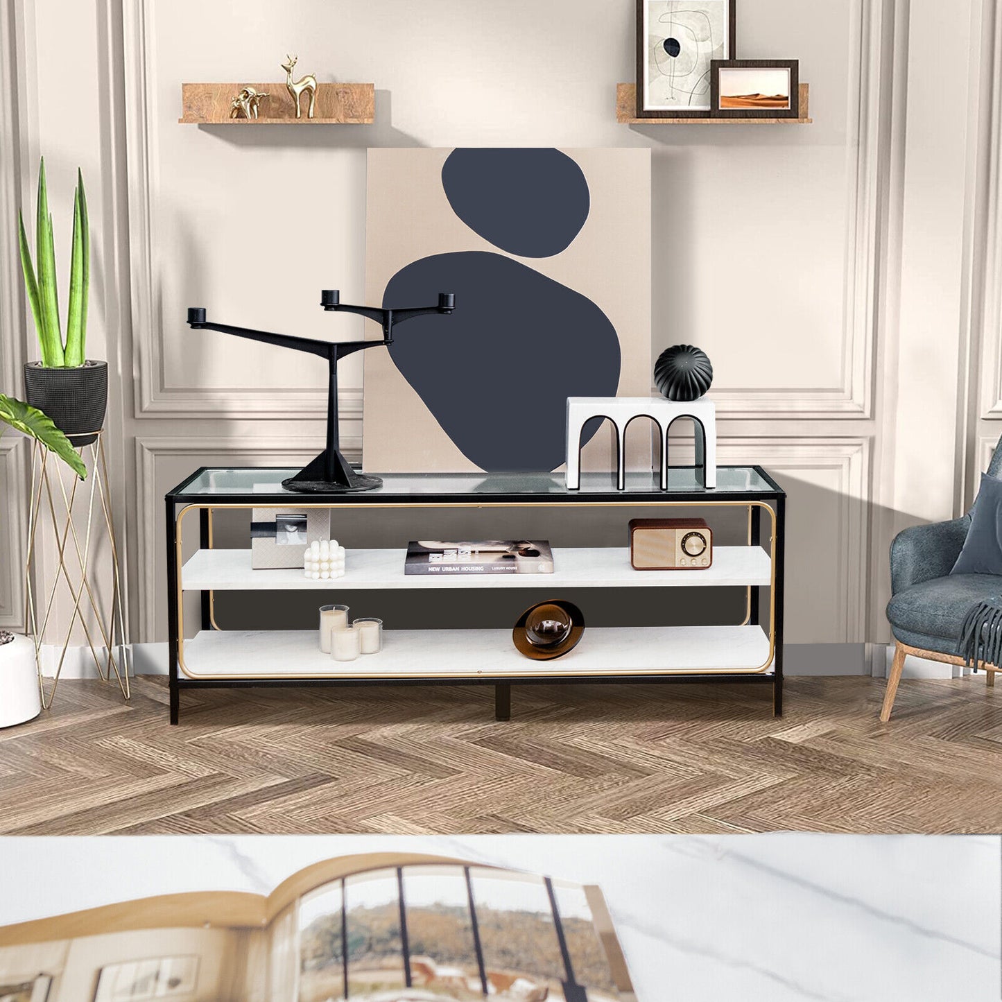 Elegant 3 Tier TV Console with Tempered Glass Top for TVs up to 50 Inches
