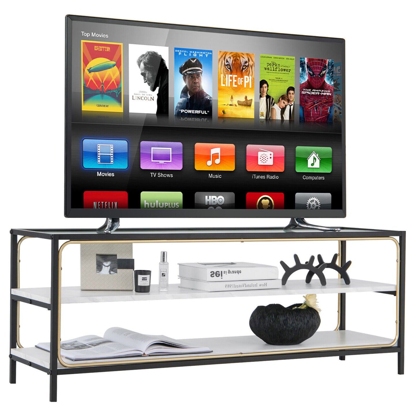 Elegant 3 Tier TV Console with Tempered Glass Top for TVs up to 50 Inches