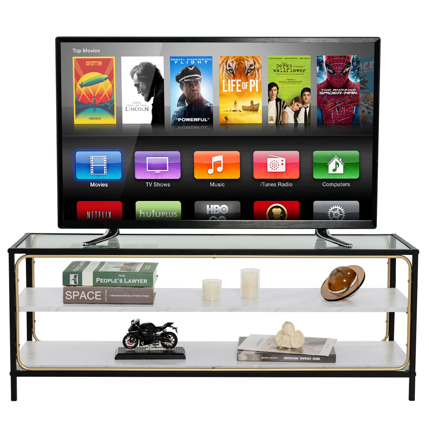 Elegant 3 Tier TV Console with Tempered Glass Top for TVs up to 50 Inches