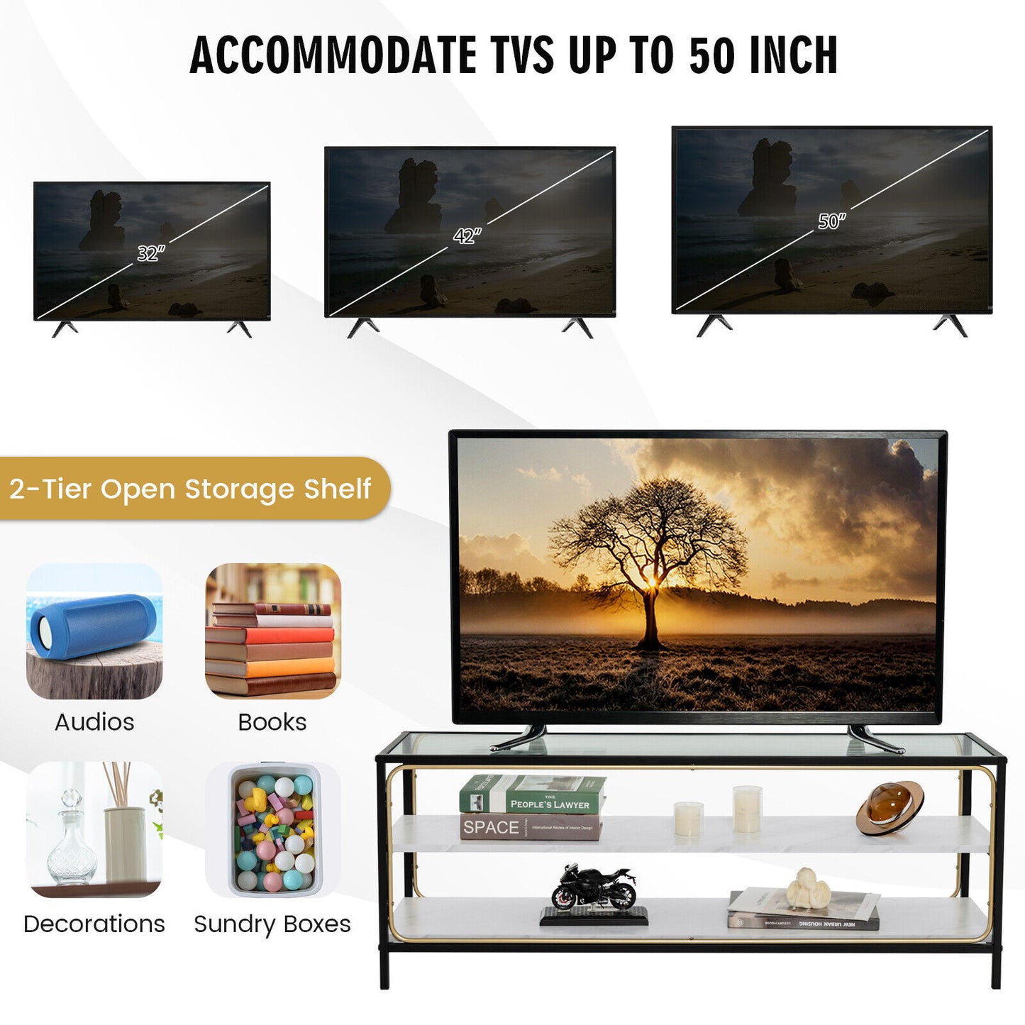 Elegant 3 Tier TV Console with Tempered Glass Top for TVs up to 50 Inches