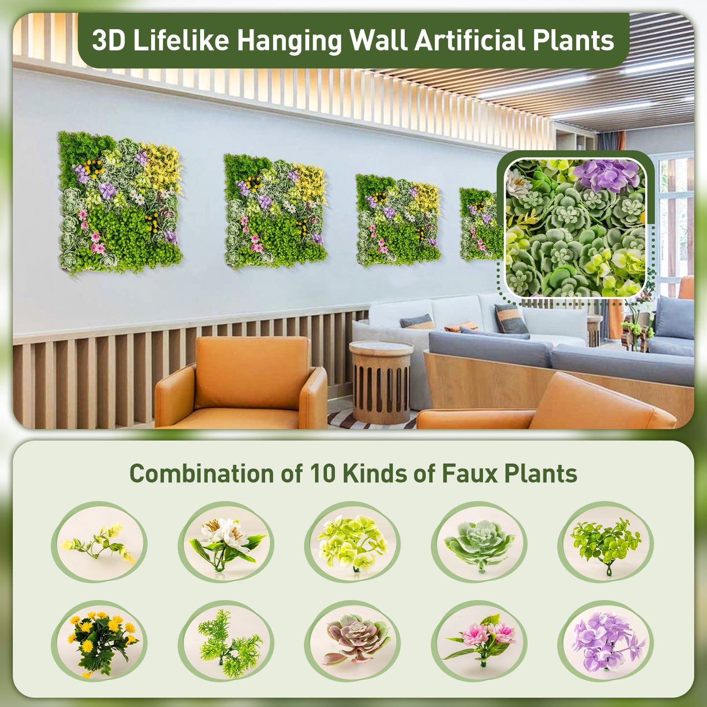 Set of 2 - 3D Hanging Faux Succulent Wall Art with 10 Types of Mixed Plants for Balcony & Home Decor