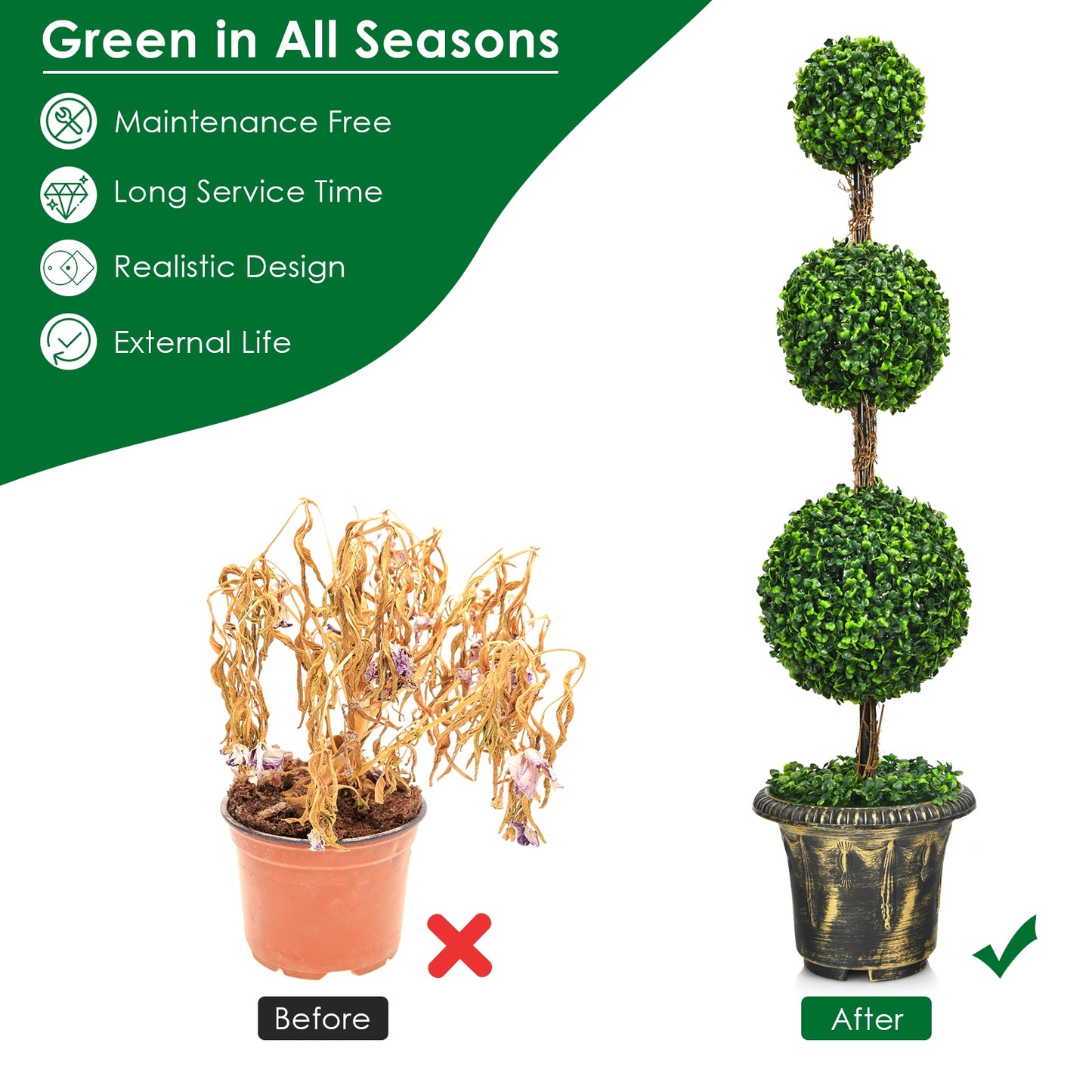 4 Feet Artificial Triple Ball Topiary Tree - Lifelike Indoor/Outdoor Decoration
