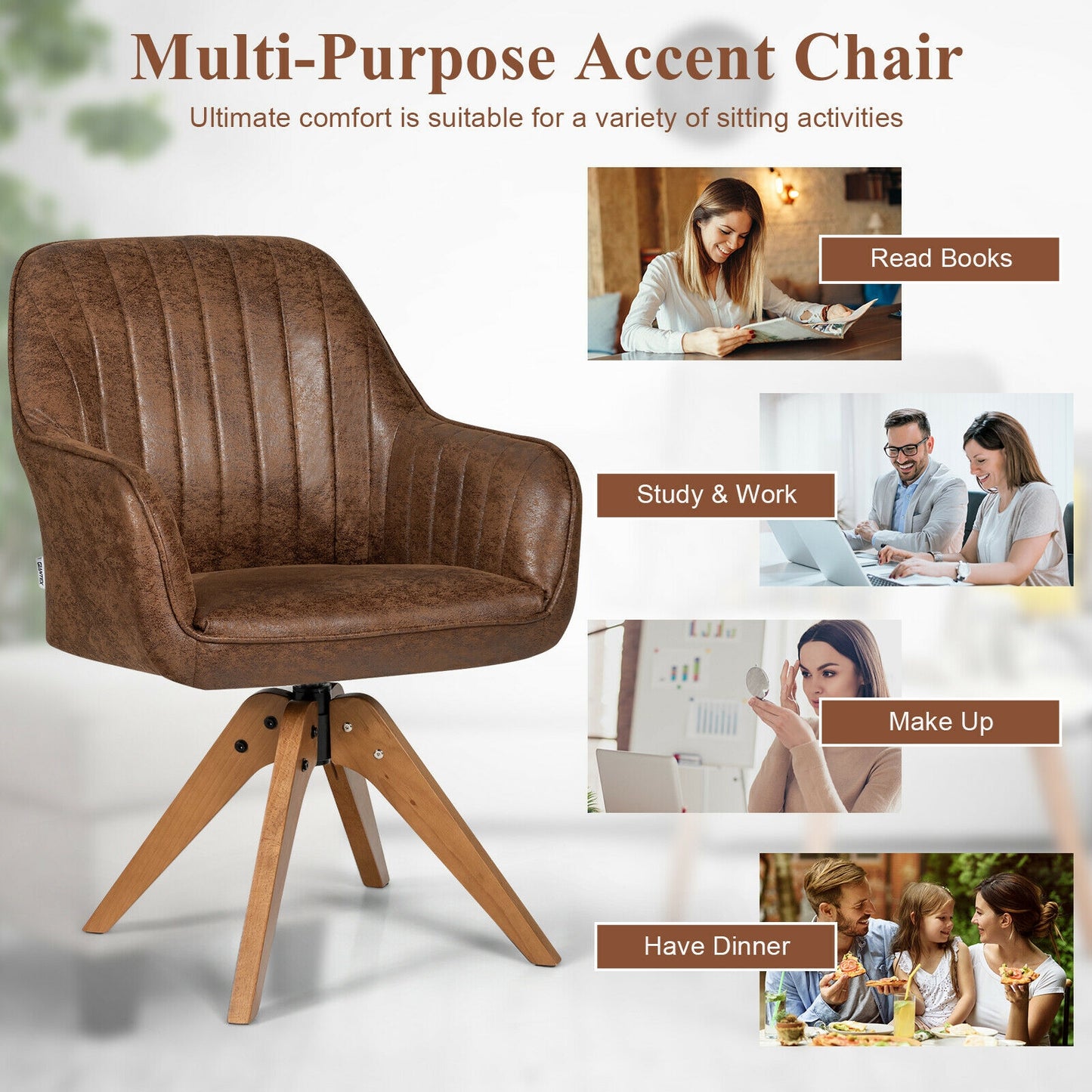 Modern Mid-Century Swivel Chair with Hot-Stamping Cloth and Wooden Base