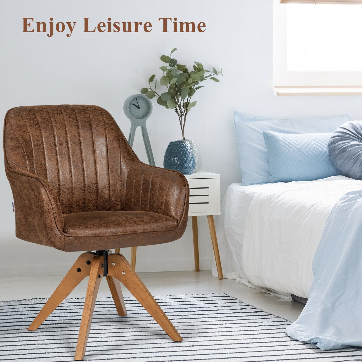 Modern Mid-Century Swivel Chair with Hot-Stamping Cloth and Wooden Base