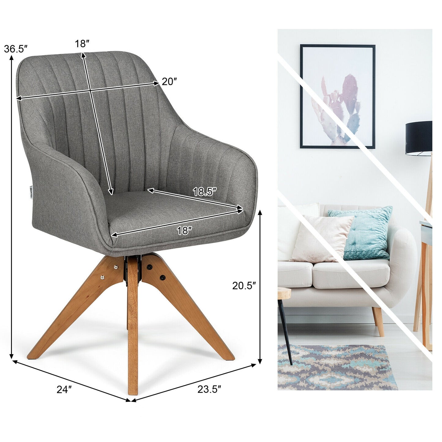 Linen Swivel Accent Armchair with Wooden Legs