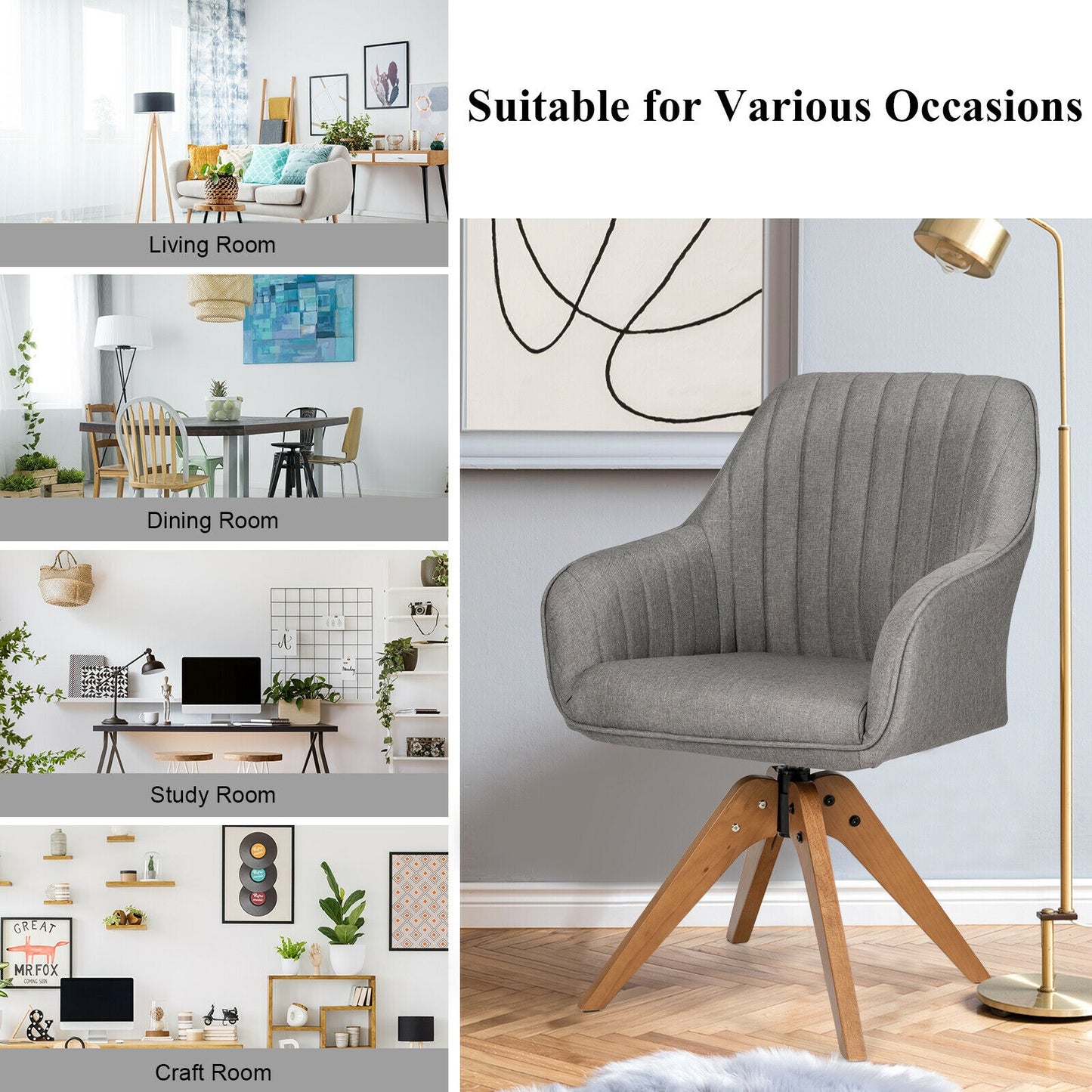 Linen Swivel Accent Armchair with Wooden Legs