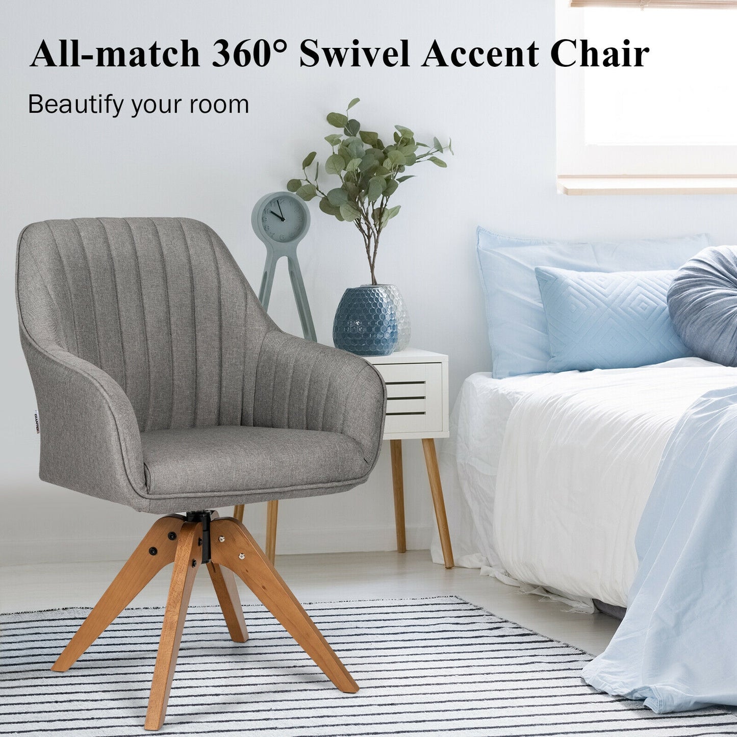 Linen Swivel Accent Armchair with Wooden Legs