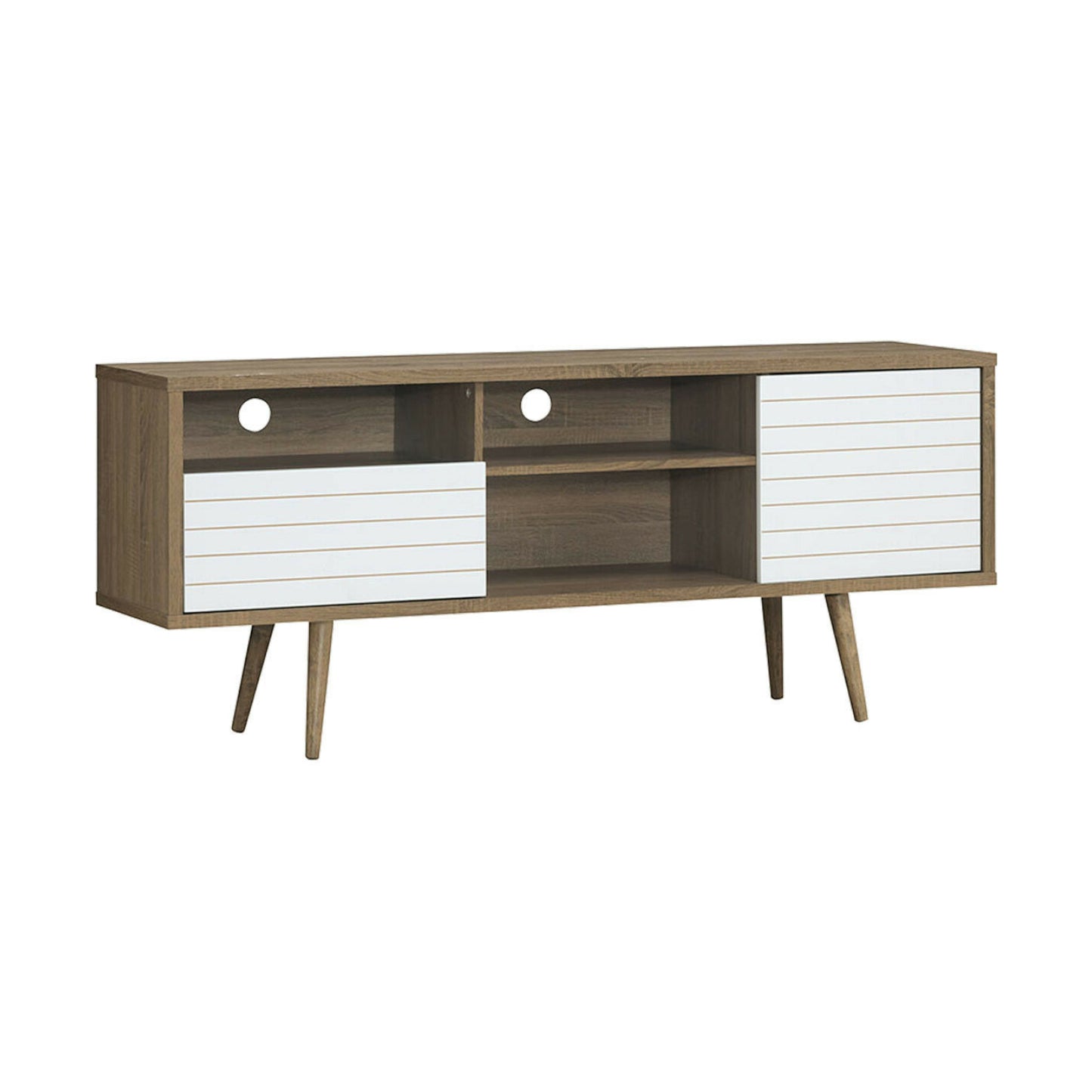 Modern Media Stand with Drawer Storage and Cable Management for 65 Inch TVs - Brown & White
