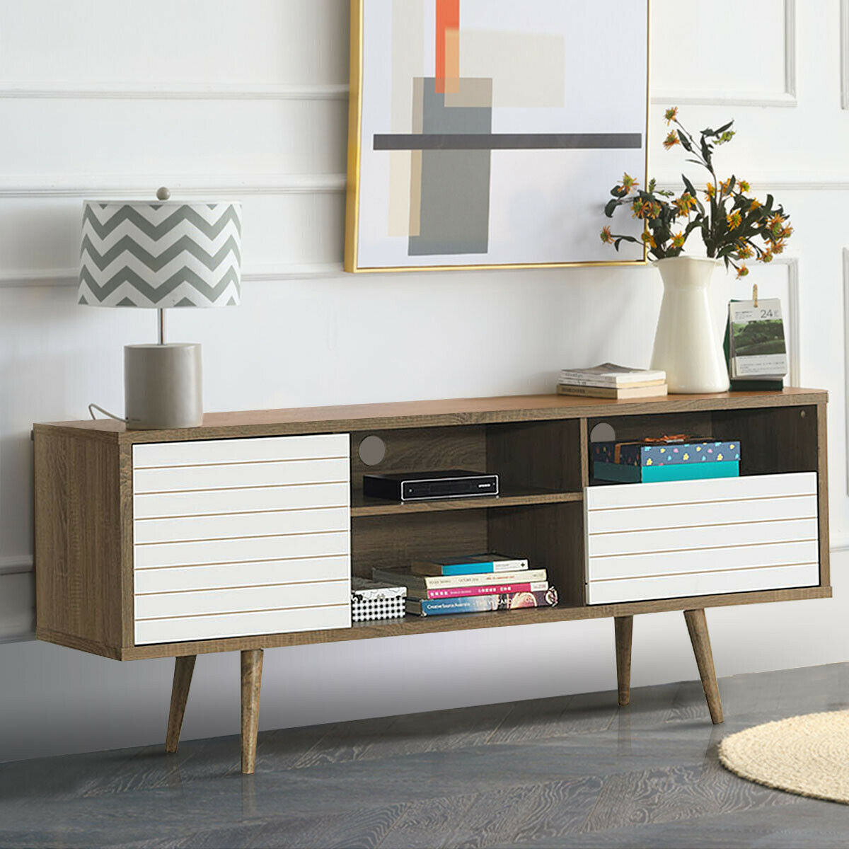 Modern Media Stand with Drawer Storage and Cable Management for 65 Inch TVs - Brown & White