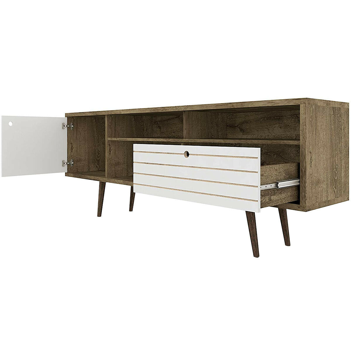 Modern Media Stand with Drawer Storage and Cable Management for 65 Inch TVs - Brown & White