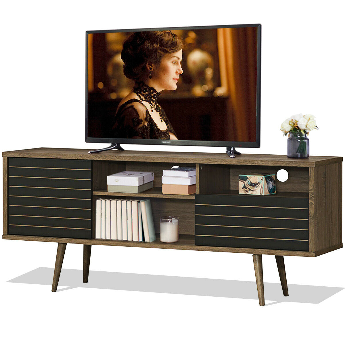 Modern Media Stand with Drawer Storage and Cable Management for 65 Inch TVs - Brown & Black