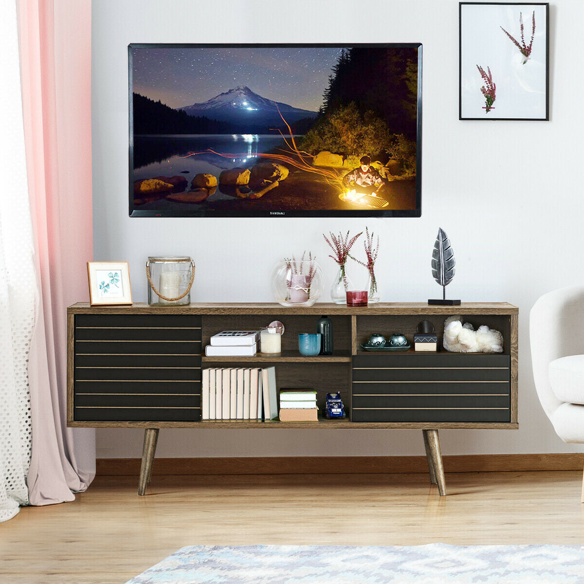 Modern Media Stand with Drawer Storage and Cable Management for 65 Inch TVs - Brown & Black