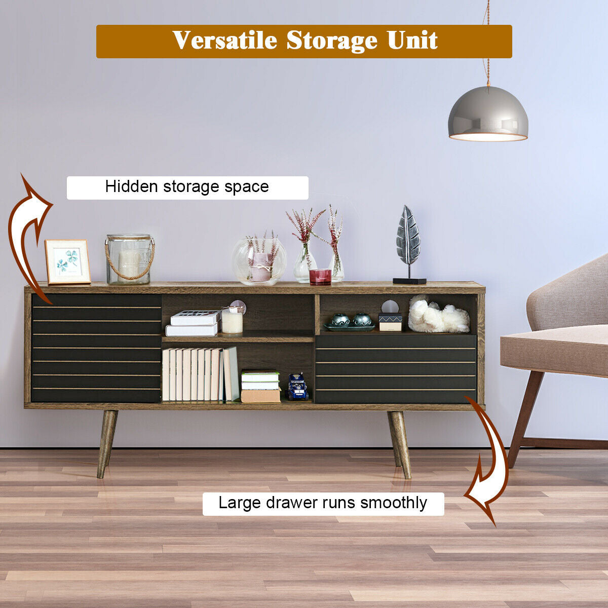 Modern Media Stand with Drawer Storage and Cable Management for 65 Inch TVs - Brown & Black