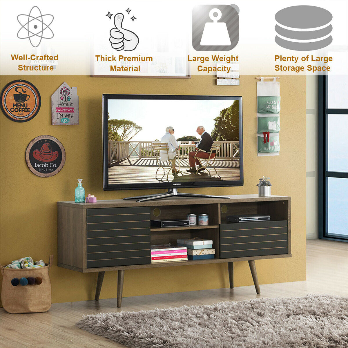 Modern Media Stand with Drawer Storage and Cable Management for 65 Inch TVs - Brown & Black