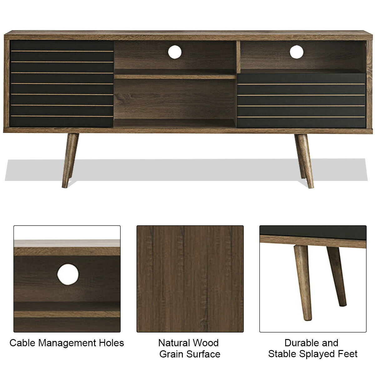 Modern Media Stand with Drawer Storage and Cable Management for 65 Inch TVs - Brown & Black