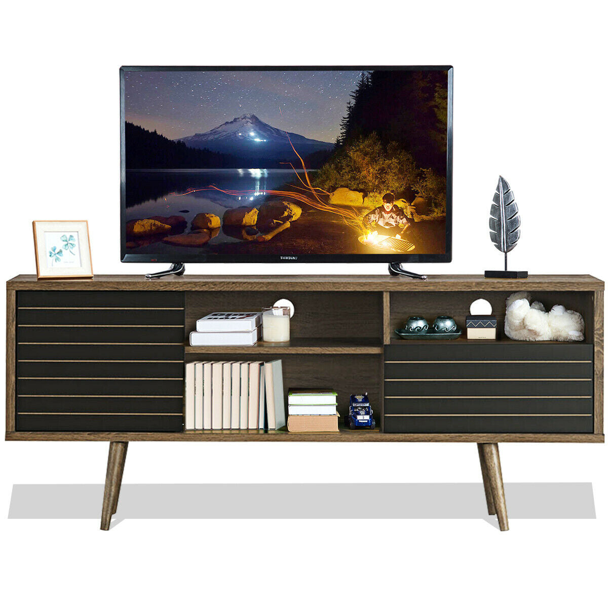 Modern Media Stand with Drawer Storage and Cable Management for 65 Inch TVs - Brown & Black