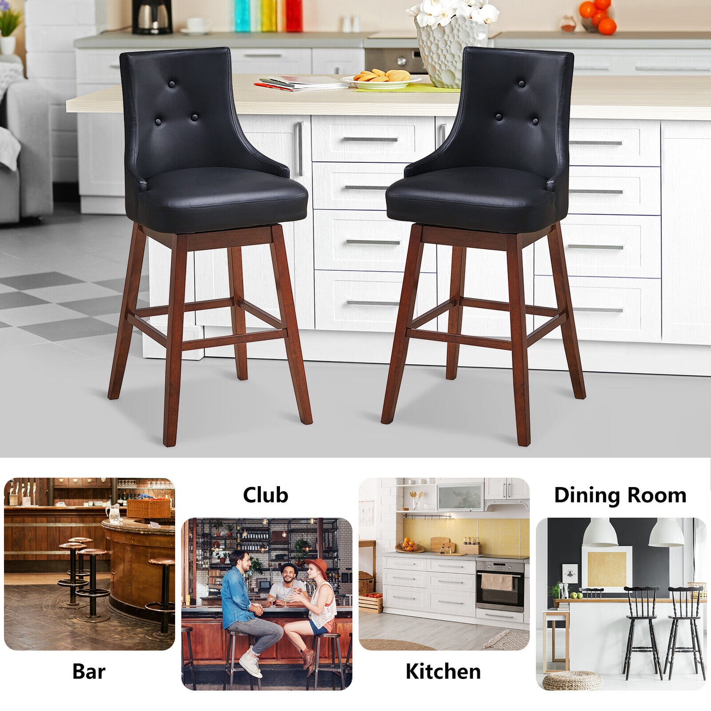 Pair of 29 Inch Swivel Upholstered Bar Stools with Durable Wood Legs