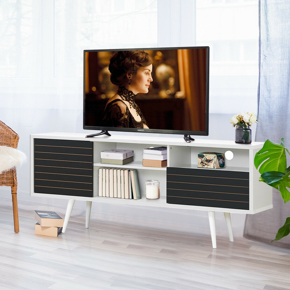 Modern Media Stand with Drawer Storage and Cable Management for 65 Inch TVs - Black & White