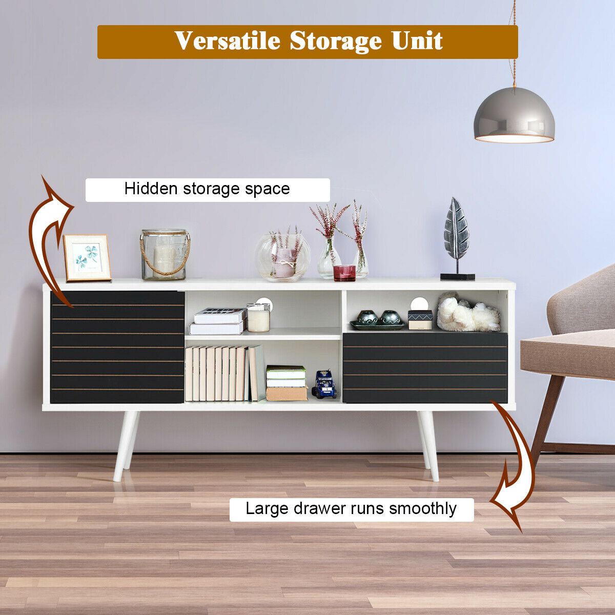 Modern Media Stand with Drawer Storage and Cable Management for 65 Inch TVs - Black & White