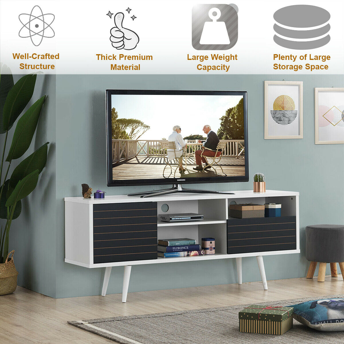 Modern Media Stand with Drawer Storage and Cable Management for 65 Inch TVs - Black & White